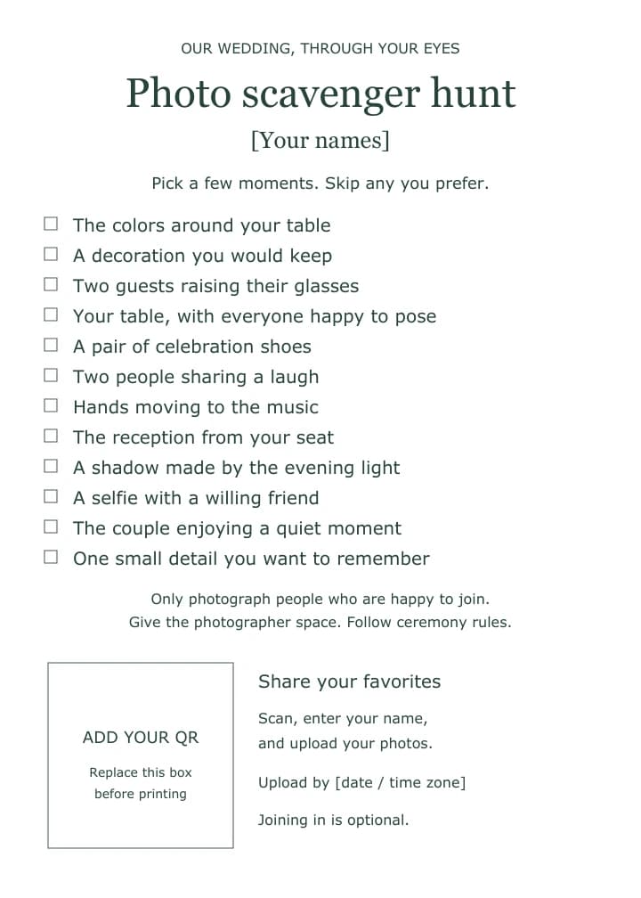 Wedding photo scavenger hunt card with twelve optional photo prompts, editable names and deadline, and an empty QR placeholder.