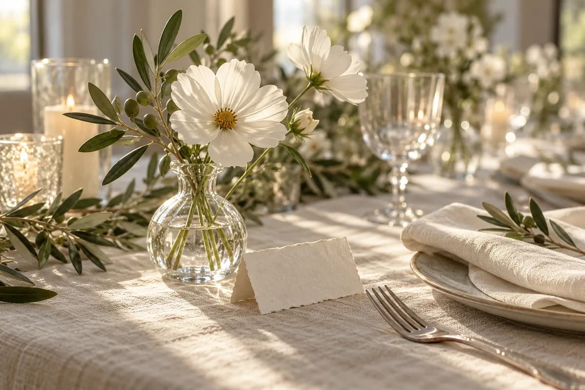 AI-generated wedding table detail with white flowers, textured cream linen, a folded napkin and a blank place card, used for a file-resolution demonstration.
