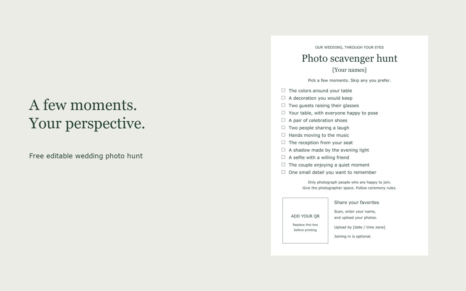 An actual printable wedding photo scavenger hunt card with twelve prompts and a labeled empty QR placeholder on a pale background.