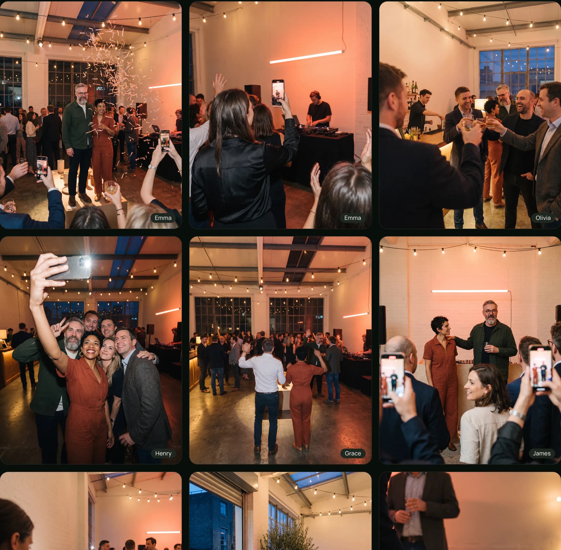 The shared gallery of Halden Studio Launch Night: a grid of guest photos, each tagged with the name of the guest who added it, including confetti over the hosts, a guest filming the DJ, a toast at the bar, and a group selfie.