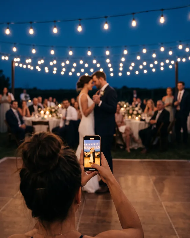 Seen from behind, a wedding guest holds up her phone to film the couple's first dance under strings of warm bulbs at an outdoor evening reception.