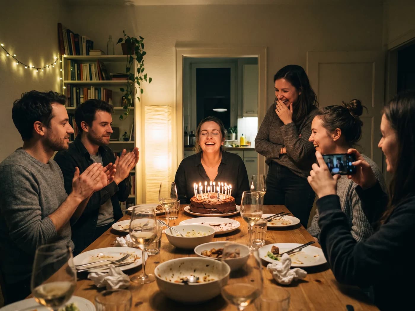 Six friends around a cluttered dinner table at home; the birthday person laughs with eyes closed over a chocolate cake with lit candles while a friend films on a phone.