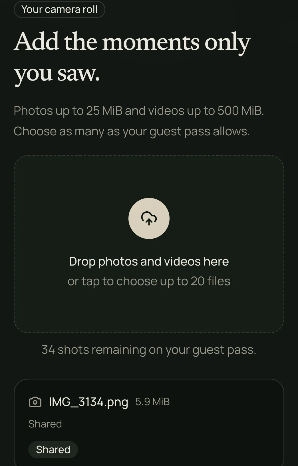 The guest's camera roll panel after joining: a drop zone for photos and videos, 34 shots remaining, and a photo named IMG_3134.png marked Shared.