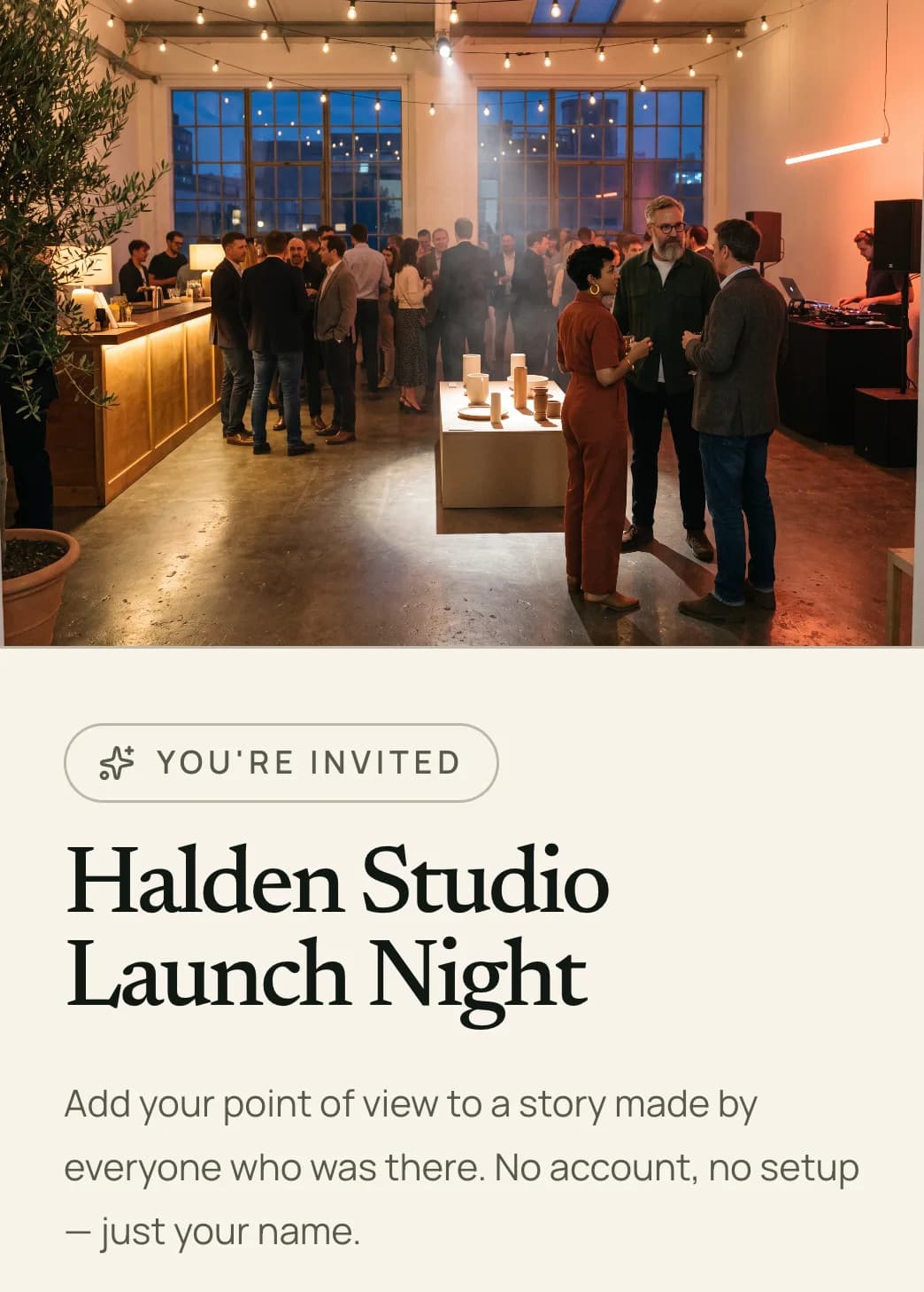 The top of an Ourview invitation: a cover photo of a busy warehouse launch party, a You're invited badge, the event name Halden Studio Launch Night, and a short welcome.