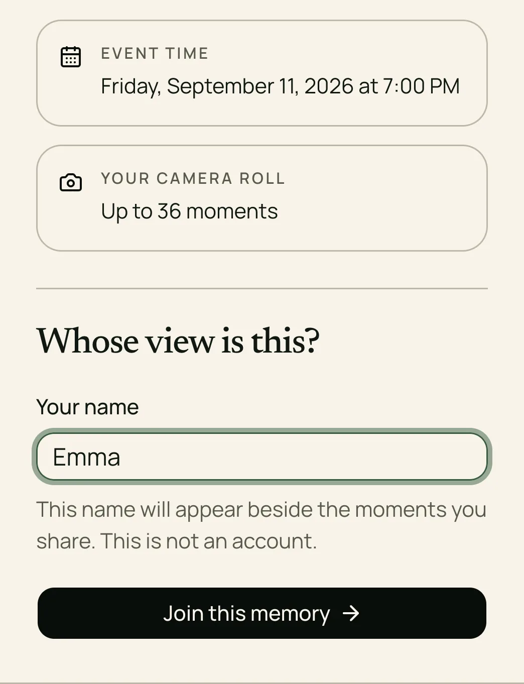 The join form on the invitation: the event time, a camera roll allowance of up to 36 moments, a name field with Emma typed in, and a Join this memory button.