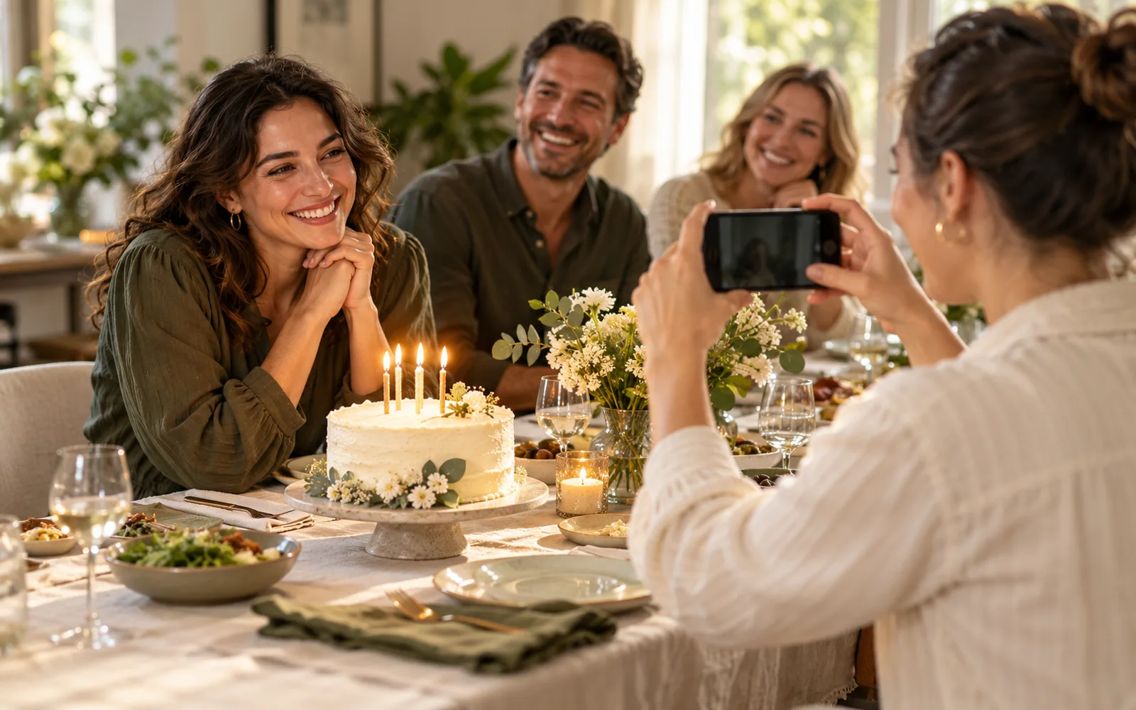 A friend photographs a smiling woman beside a birthday cake with lit candles, with two other adults seated around the table.