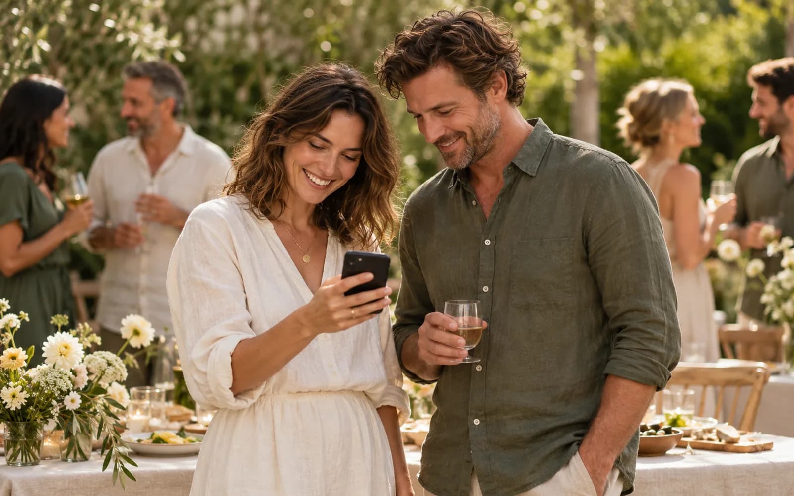 Two friends in cream and olive clothing look at a smartphone together beside a garden party table, with other guests softly blurred behind them.