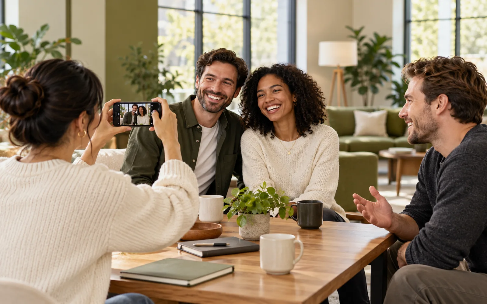 A colleague photographs two smiling teammates while another joins the conversation around a table with notebooks and coffee in a bright meeting lounge.