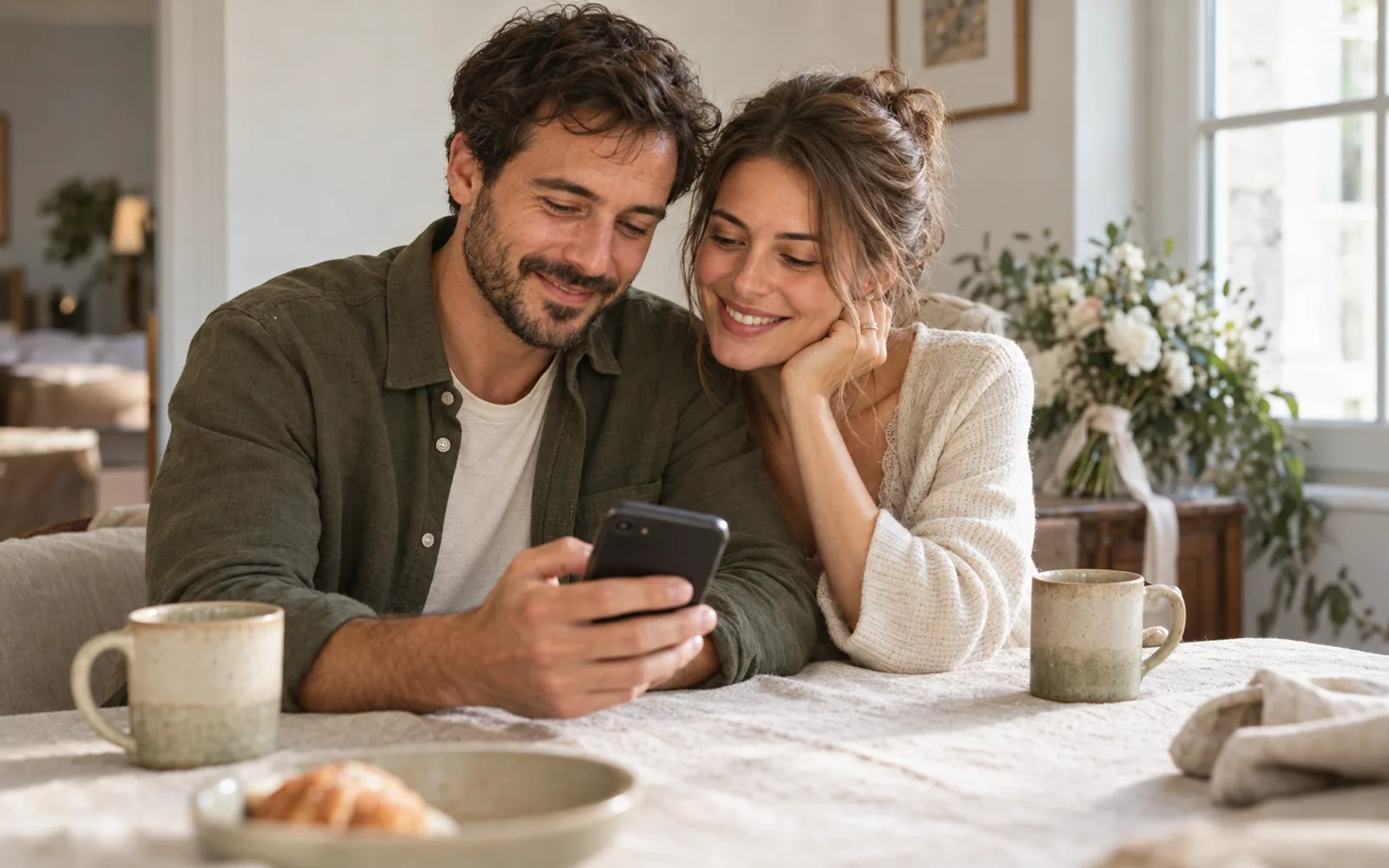 A couple in cream and olive clothing sits at a linen-covered table, smiling as they look at a smartphone together in soft daylight.