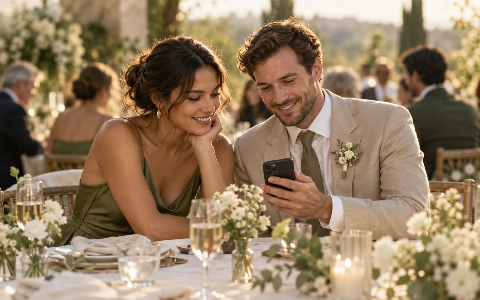 Two wedding guests in olive and cream clothing smile as they look at a smartphone together at a flower-filled reception table.