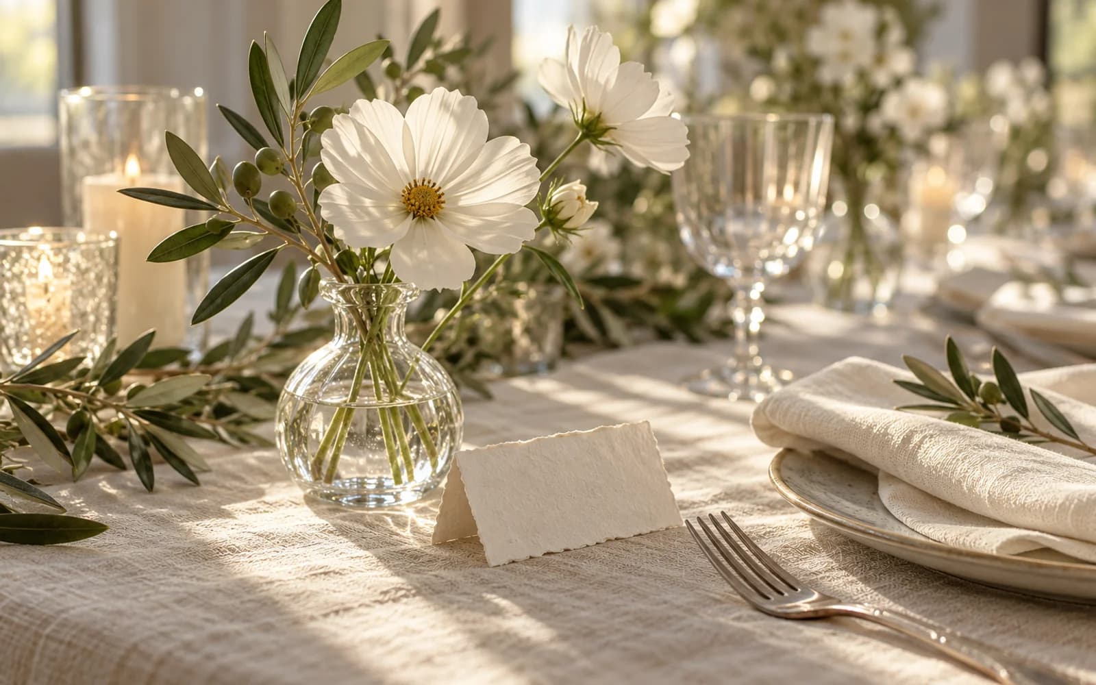 White flowers, a blank place card and a folded ivory napkin on a textured cream wedding tablecloth.