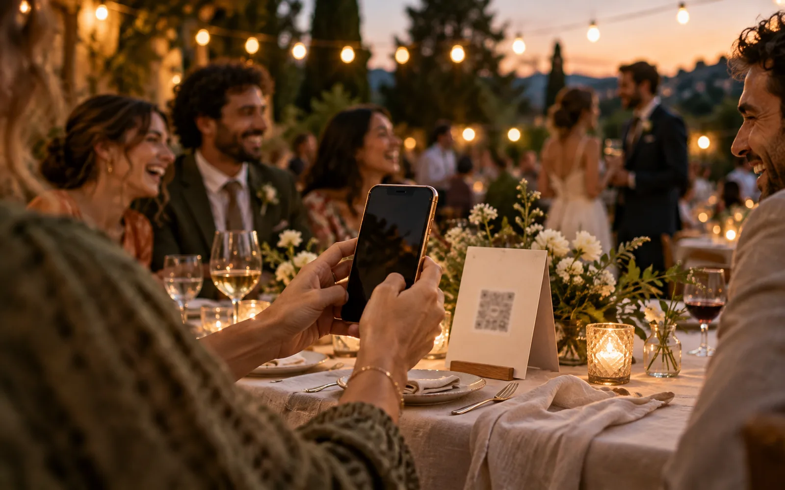A wedding guest holds a phone beside an invitation card on a candlelit reception table, with other guests celebrating behind them.