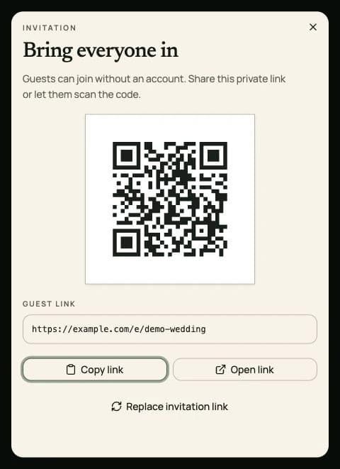 Ourview's Bring everyone in invitation panel shows a demo QR code, a guest link, Copy link, Open link, and Replace invitation link.