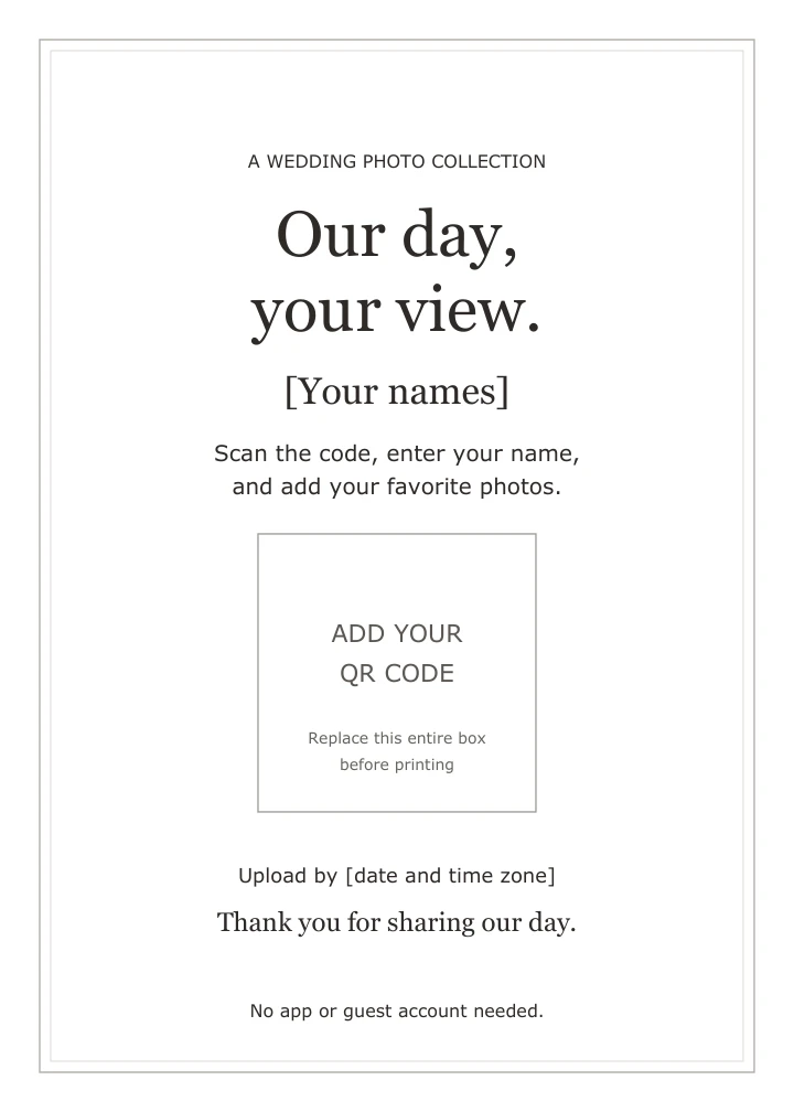 Classic serif wedding photo sign template with a double border, editable names and deadline, and a clearly labeled empty QR placeholder.