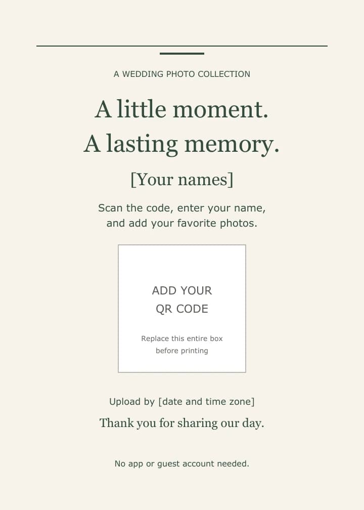 Cream and green wedding photo sign template with a serif headline, editable names and deadline, and a white QR placeholder.