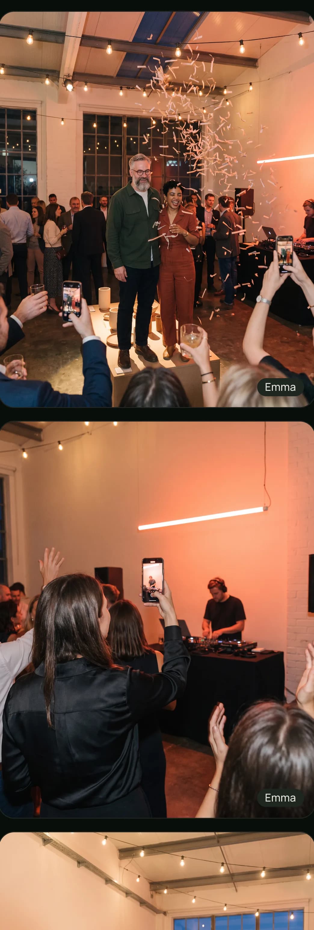 The shared gallery of Halden Studio Launch Night: a grid of guest photos, each tagged with the name of the guest who added it, including confetti over the hosts, a guest filming the DJ, a toast at the bar, and a group selfie.